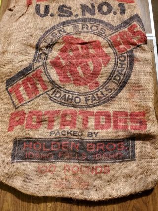 Vintage Burlap Sack Holden Bros Potatoes Idaho Falls Idaho 100 lbs Feed Farm Bag 4