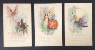 Vintage Halloween Postcards (3) Nash Series No 41 - Moth Fairies; Witch,  Jol,  Bats