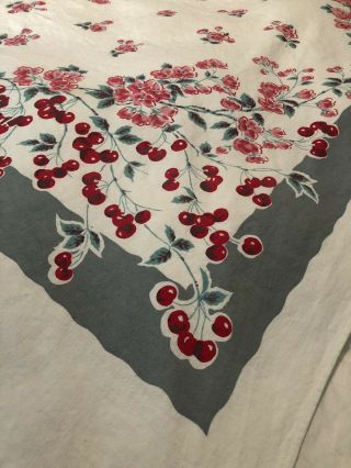 52”x48” Vintage Tablecloth Cherry Blossoms Floral Red Teal Green Gray Oblong