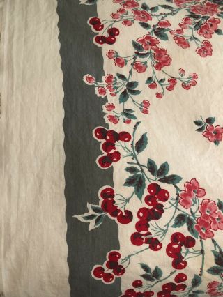 52”x48” VINTAGE TABLECLOTH CHERRY BLOSSOMS FLORAL RED TEAL GREEN GRAY Oblong 2