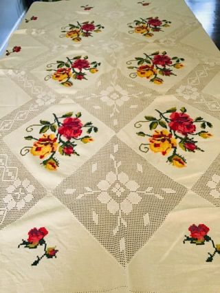 Vintage Cross - Stitch Crochet Tablecloth Yellow Floral 57” X 78”