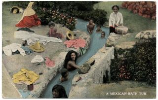 A Mexican Bath Tub Women Children Bathing Vintage Postcard 1915 San Pedro