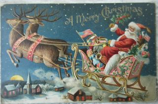Antique 1906 Sander Ny Embossed Christmas Postcard Santa Claus Sled Usa Flags