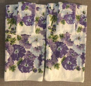 Vintage Towels Set Cannon Floral Purple Blue 2 Bath & 2 Fingertip Fringe