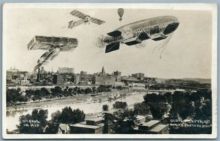 Photomontage Zeppelins Airplane St.  Paul Mn 1910 Antique Real Photo Rppc Aviation