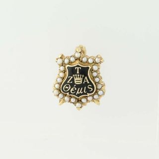 Zeta Tau Alpha Badge - 14k Yellow Gold Black Enamel Pearls Sorority Shield Pin