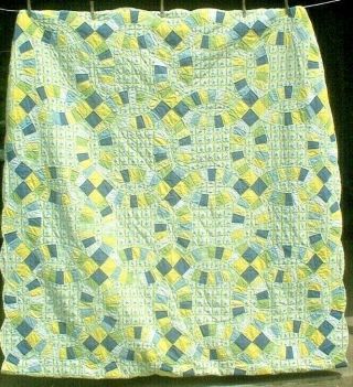 Vintage 70s Yellow Blue Double Wedding Ring French Country Quilt Table Size