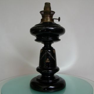 Antique Enamel Black Opaline Milk Glass Belgian Oil Lamp Hand Blown Art Glass