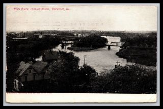 Old Rockford Illinois Rock River Looking South Postcard,  1906