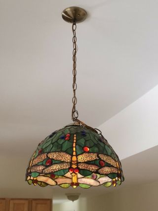 Vintage Tiffany Style Hanging Light Fixture,  Classic Dragonfly Motif