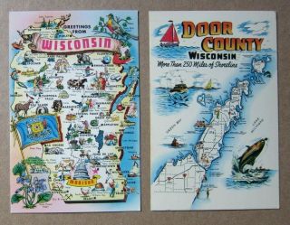 1960 Greeting From Wisconsin & Door County Wisconsin Illustrated Map Postcard