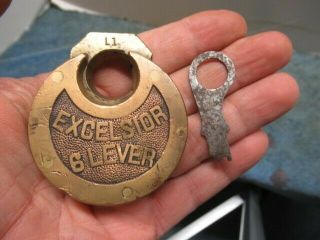 Old Round Brass Pancake Push Key Padlock Lock Excelsior 6 Lever With A Key.  N/r