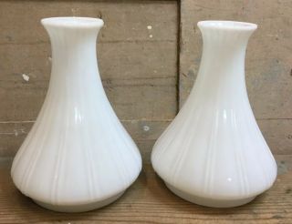 Set Of 2 White Milk Glass Angle Lamp Ribbed Chimneys Shades 9” Vintage