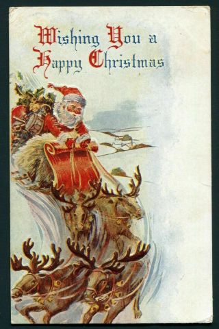 Santa Claus In Fast - Moving Sleigh Sled Reindeer 1911 Christmas Postcard - C505