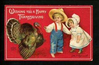 Thanksgiving Vintage Postcard Artist Signed Clapsaddle Children Turkey