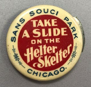 C 1900 San Souci Amusement Park Chicago Celluloid Clicker Helter Skelter Advtise