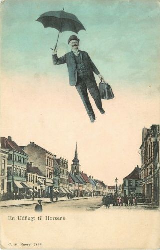 Early Postcard; Horsens Denmark,  Man W/ Umbrella In The Sky,  Mr.  Mary Poppins?