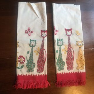 Vtg Mid Century Cat Tea Towel Set Kitschy Linen