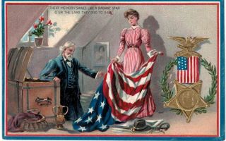 Decoration Memorial Day Tuck 158 Lady In Pink Displays Flag Old Soldier 1910