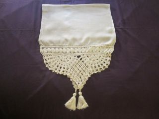 Vintage Lovely Fine Linen Beige Table Runner Crochet With Tassels (80 " X 21 ")