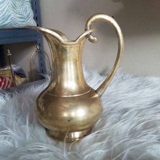 Vintage Solid Brass Water Pitcher Carafe Hand Made Handle Wide Mouth