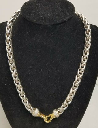 David Yurman 17 " Wheat Chain 8mm Silver 18k Gold Pave Diamond Choker Necklace