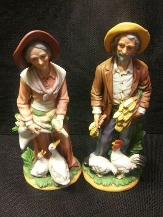 Vintage Homco Porcelain Figurines 1477 Farmer & Wife Feeding Ducks Chickens 8 "