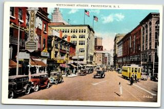 Rhode Island Ri Providence Weybosset St Shops Cars Busy Old Vintage Postcard B5