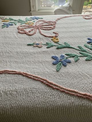 Vintage Chenille Bedspread Cotton Florals Twin Full 82” X 104” 3