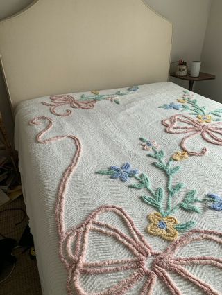 Vintage Chenille Bedspread Cotton Florals Twin Full 82” X 104” 5