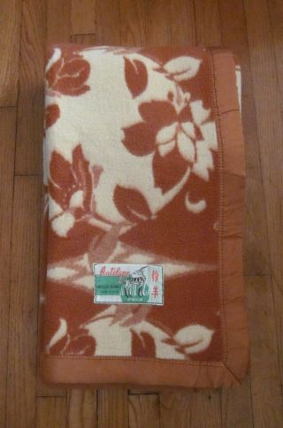 Antelope Vintage Burnt Orange Ivory Satin Trim Woollen Blanket 1960 