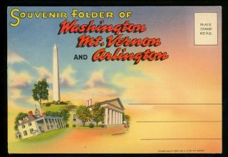 Postcard Folder Washington Dc Mt.  Vernon Arlington Unknown Soldier Tomb Linen