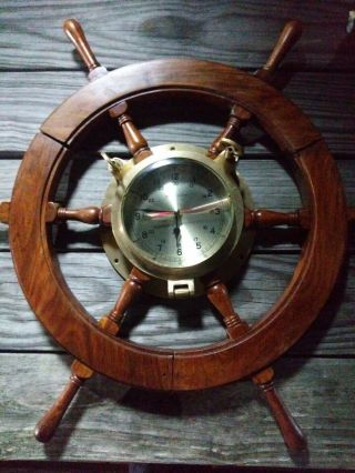 Antique Brass And Wood Ship Wheel Clock 18 " - Ship Steering Wheel Clock - Nautic