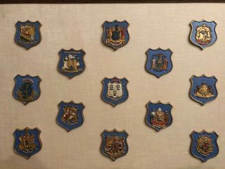 Vintage 13 Colony Set State Seal Crest Shield Hand Painted Cast Iron Metal Usa