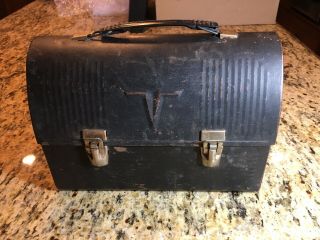 Vintage " V " Black Thermos King Seeley Dome Metal Lunch Box Work Pail Bucket Usa