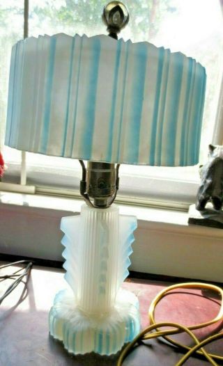 Antique Art Deco Blue&frosted Satin Glass Lamp/15 " Tall/rewired/original Finial
