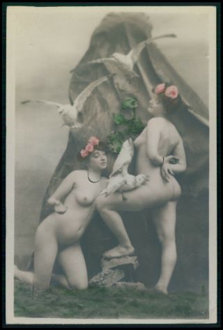 French Full Nude Woman Nudist Early 1900 Tinted Color Photo Postcard Bb