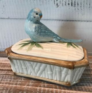 Fitz & Floyd Ceramic Blue Parakeet Bird Bamboo Trinket Jewelry Box