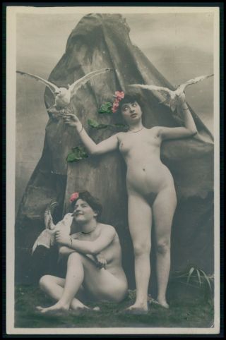 French Full Nude Woman Nudist Early 1900 Tinted Color Photo Postcard Aa