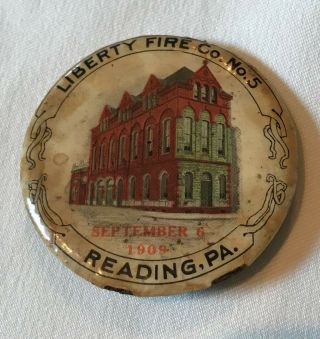 Vintage 1909 Liberty Fire Co.  No.  5 Pinback Button Badge Reading,  PA 3