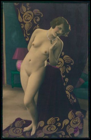 French Nude Woman Art Deco Pochoir 1920s Tinted Color Photo Postcard Aa