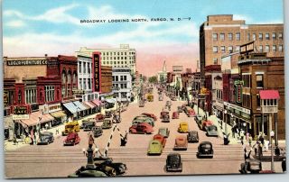 North Dakota Nd Fargo Broadway N Tracks Cars & Shop Sign Old Vintage Postcard B5