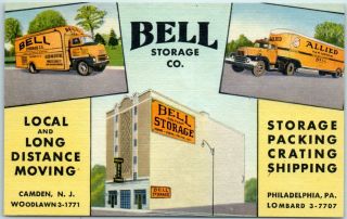 Vintage Camden Nj / Philadelphia Pa Adv.  Postcard Bell Storage Moving Vans Linen