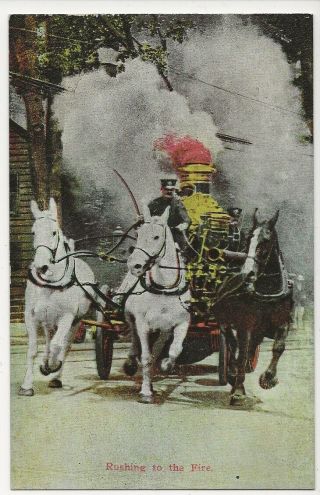 3 Horse Drawn Fire Wagon Rushing To The Fire.  Vintage Postcard