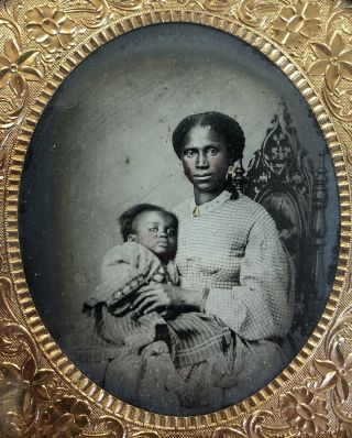 Woman Mother Baby Black Americana Hand Tinted Cased Tintype Photo