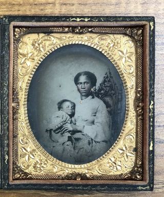 Woman Mother Baby Black Americana Hand Tinted Cased Tintype Photo 2