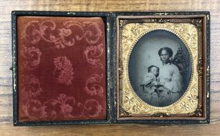 Woman Mother Baby Black Americana Hand Tinted Cased Tintype Photo 4