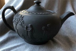 Early Wedgewood Black Basalt Teapot High Relief With Lid