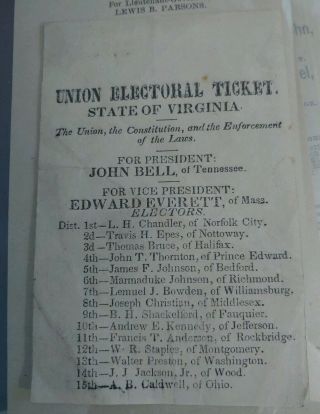 Bell & Everett Union Electorial Ticket State Of Virginia