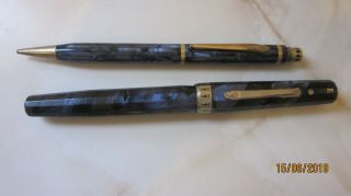 Wahl Eversharp Blue Marble Oversize Fountain Pen & Pencil Deco Band Gold Seal